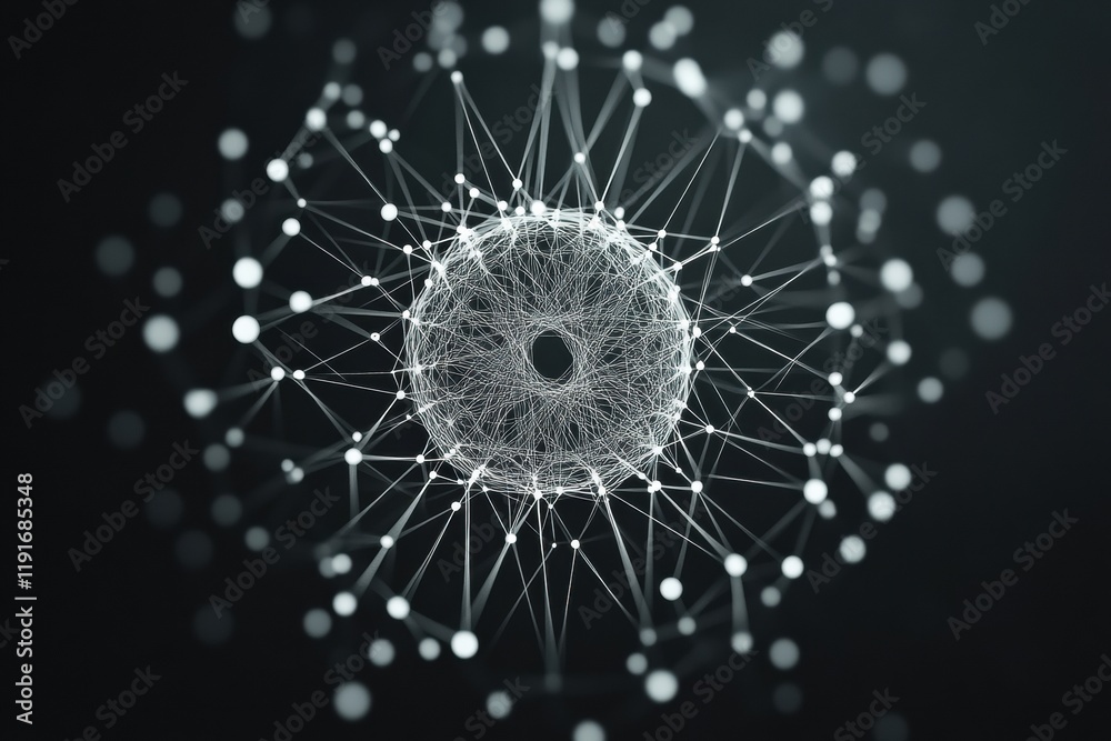 Poster minimalistic graphical representation of a virus with interconnected elements in a dark background. 