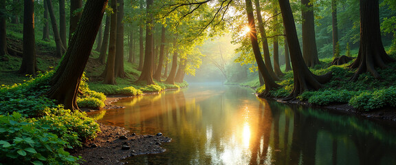 Ancient Cedar Grove with sunlit trees reflecting on tranquil water creating a serene, peaceful atmosphere in a lush forest setting