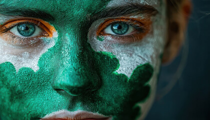 A St. Patrick Day celebration with green painted face and playful expression