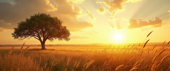 Majestic tree silhouetted against a golden sunset in serene open prairies, capturing a tranquil and peaceful atmosphere in a vast landscape with swaying grass