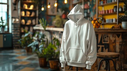 White hoodie on a chair in a coffee shop. Blurred background..jpeg
