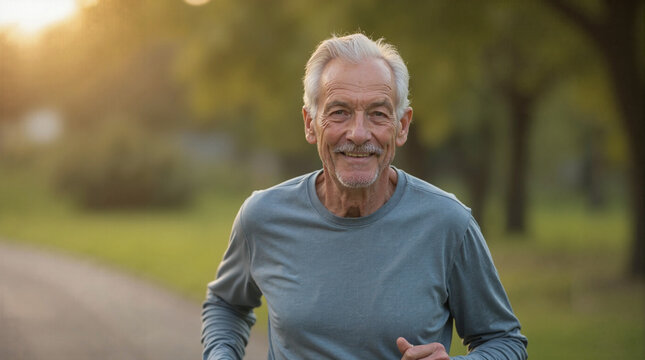 Hombre Mayor Activo Sonriendo Mientras Trota al Atardecer en el Parque, Concepto de Estilo de Vida Saludable