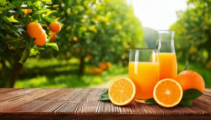 Naklejka premium orange juice and orange slices on wooden table, orange tree background, copy space