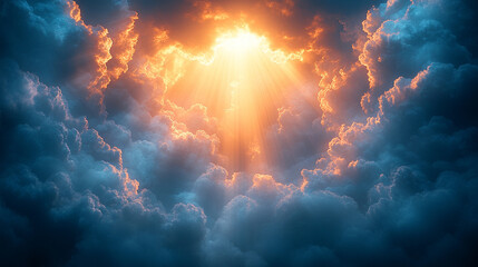 Fototapeta premium Vivid sun rays pierce through ominous storm clouds, bringing light to darkness, symbolizing hope, resilience, and the triumph of positivity over chaos with a blurred tone and a bright backdrop