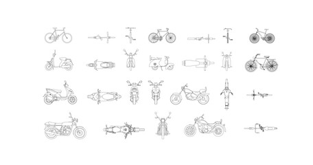 Vector illustration of vehicle drawings. side, front top views. Bike, bicycle, ev car and motorcycle in cad line