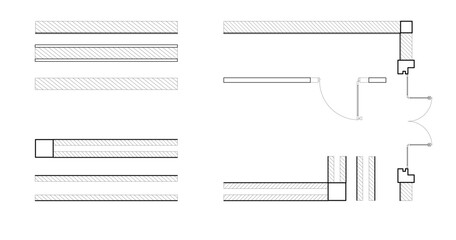 Vector illustration of architectural drawings featuring minimal-style CAD tree line drawings. wall, precast, brick wall, concrete wall outline symbols designed for landscape design.