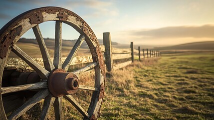 Rustic Wooden Wagon Wheel Beside a Rural Fence