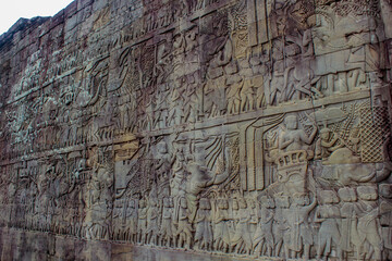 Ancient stone carvings in the Angkor Wat complex in Siem Reap, Cambodia