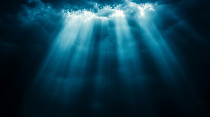 Fototapeta premium Vivid sun rays pierce through ominous storm clouds, bringing light to darkness, symbolizing hope, resilience, and the triumph of positivity over chaos with a blurred tone and a bright backdrop