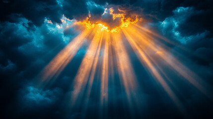 Vivid sun rays pierce through ominous storm clouds, bringing light to darkness, symbolizing hope, resilience, and the triumph of positivity over chaos with a blurred tone and a bright backdrop

