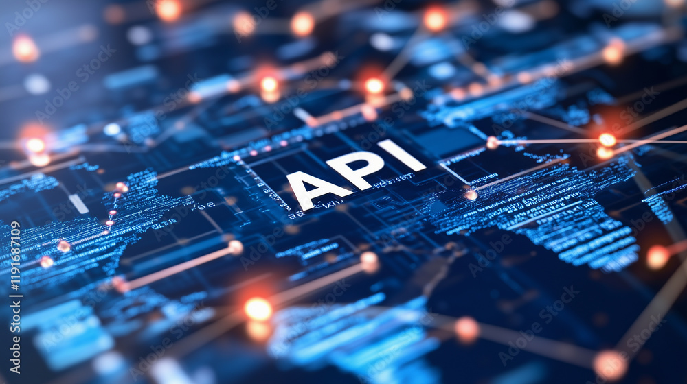Wall mural a blue background with a network of dots and a word that says api