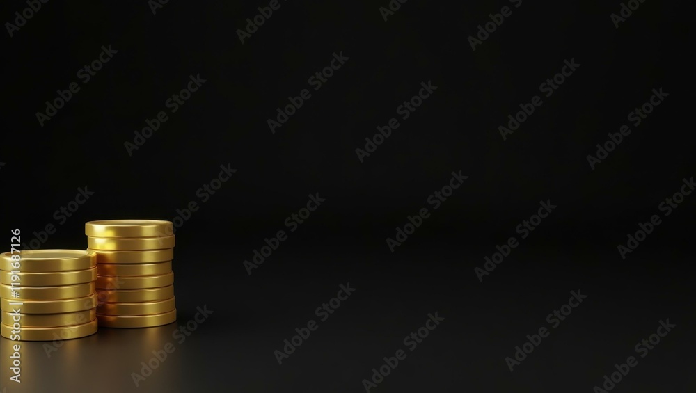 Poster golden coin stack on left. soft green background. copy space for text, 3d render ai generated design