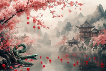2025年中国农历新年，绿色木蛇，传统装饰，红灯笼，樱花与宁静风景&mdash;&mdash;适合绿色木蛇年的节庆艺术，色彩鲜艳的红色、金色和绿色