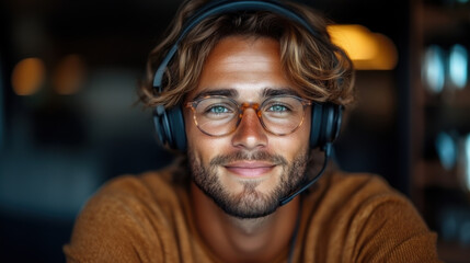 A call center operator wearing headphones, deeply engaged in conversation, with a focused expression in a modern workspace
