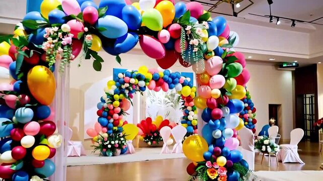 4K video showcasing elegant wedding balloon decorations, featuring colorful arches, floral accents, and a romantic atmosphere, perfect for a wedding celebration.