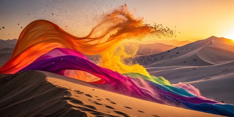 Colorful fabric waves flow through golden desert sands at sunset creating a vivid visual display