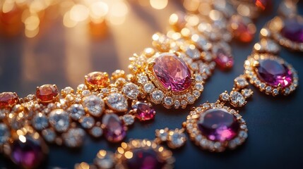 Jewelry with gemstones, close-up of intricate gemstone details, soft glimmer under the spotlight