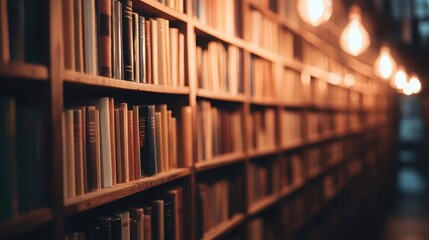 Library with bookshelves, close-up of books arranged neatly on wooden shelves, soft lighting creating a cozy atmosphere