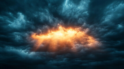 Fototapeta premium Vivid sun rays pierce through ominous storm clouds, bringing light to darkness, symbolizing hope, resilience, and the triumph of positivity over chaos with a blurred tone and a bright backdrop