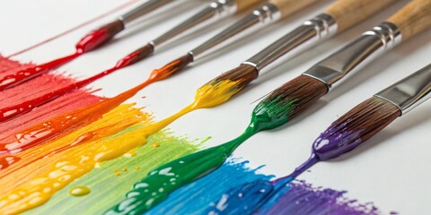 Obraz premium Colorful paint strokes and brushes arranged on canvas create a vibrant artistic display in a creative workspace
