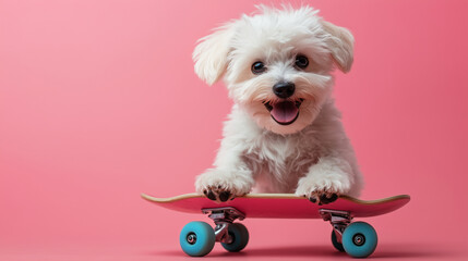 A white dog is sitting on a skateboard