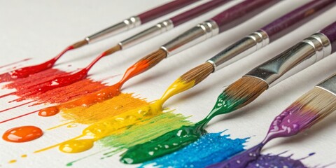 Fototapeta premium Colorful paintbrushes with vibrant paint colors dripping on canvas in a creative workspace