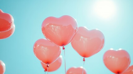Pink Heart Balloons Soaring Against Vibrant Blue Sky on Sunny Valentine s Day, Copy Space
