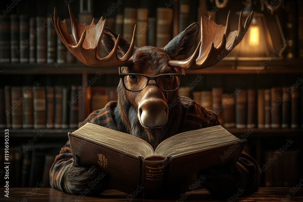 Poster Moose in reading glasses enjoys a book in a vintage library setting with warm lighting and classic decor. Generative AI