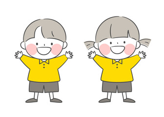 손을 들어 인사하는 아이들 캐릭터 일러스트