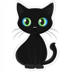 Obraz premium Cute black kitten sitting, bright eyes, white background, children's book illustration