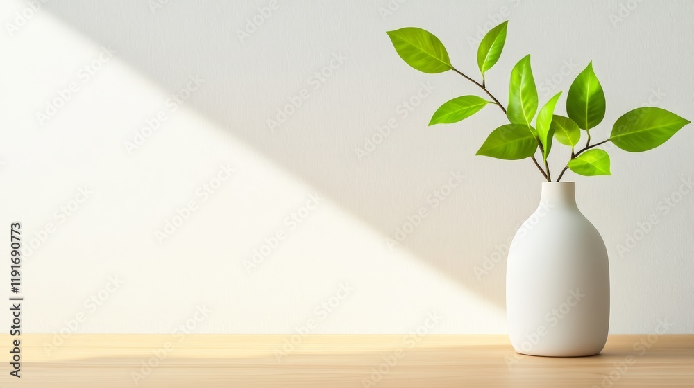 Poster sunlight illuminating green leaves in a white vase standing on a wooden table in a modern and minima