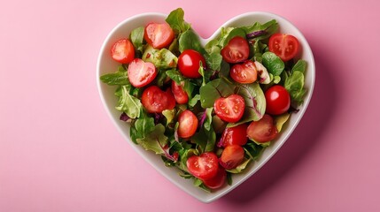 Valentine s Day Healthy Love Top View of Fresh Salad in a Heart Shaped Bowl on Pink