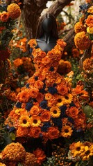 Elegance Comes Alive — A Dior Flower Dress Adorned with Golden Roses & Daisies in a Luxurious Gold Exhibition Hall