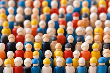 Naklejka premium A visually striking 3D rendering of a diverse group of wooden figures in various vibrant colors, including blue, yellow, orange, and natural wood tones. 