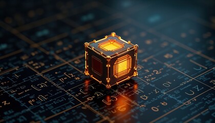 Futuristic quantum computer model sits on formulas. Advanced tech device glows with inner light. Scientific symbols, math equations form background. Advanced computing innovation in 3D render.