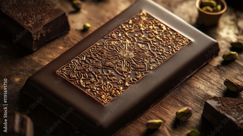 Poster chocolate bar with pistachio filling and intricate arabesque patterns showcasing fine craftsmanship 