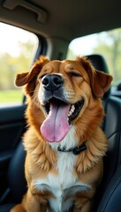 Canine companion with eyes closed, tongue out, and ears relaxed, enjoying a leisurely car ride, travel, joyful animal, road