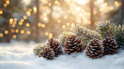 A serene winter landscape with sparkling snow, delicate pine tree branches, pine cones, and soft glittering lights in the background, creating a peaceful, festive atmosphere for the holiday season

