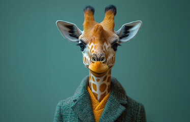 portrait of a giraffe, with human suit. animal abstract creative fashion. green background
