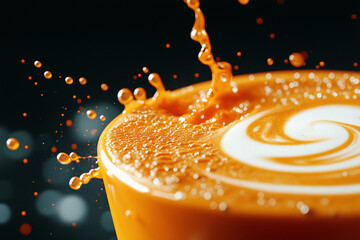 Vibrant abstract representation of a latte with swirling patterns and splashes against a dark backdrop