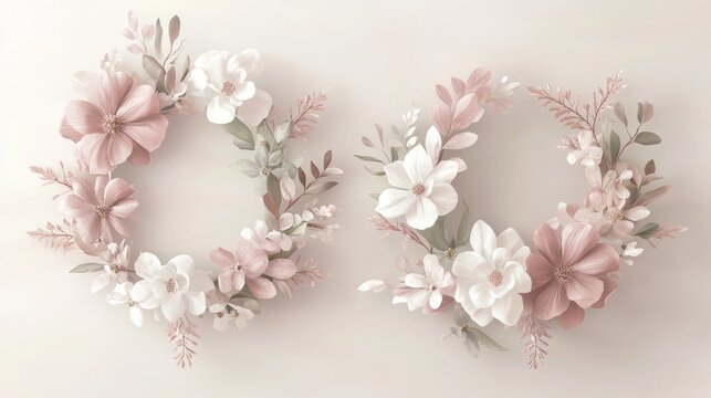 Elegant floral wreath designs for wedding invitations in pastel pink, white, and greenery