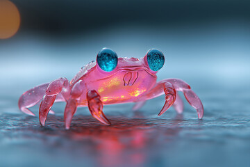 Charming glass figurine of a colorful crab sits on a reflective surface, showcasing vibrant design and details