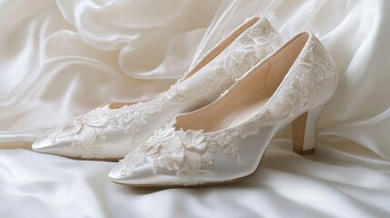 Elegant bridal shoes with lace details on soft satin fabric, embodying romance and sophistication for a wedding day