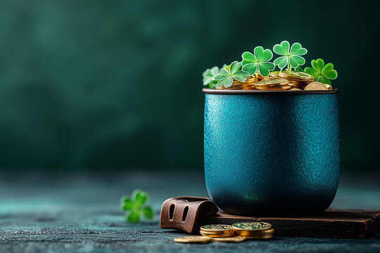Pot filled with gold coins and shamrocks, symbolizing the festive spirit of Saint Patrick's Day celebration