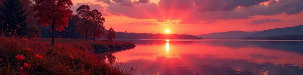 Obraz premium Crimson sunset paints Balaton's shore, autumnal reeds , landscape, nature, flora
