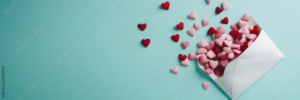 Poster small pink and red hearts overflowing from a slightly open white envelope on a turquoise surface, cr