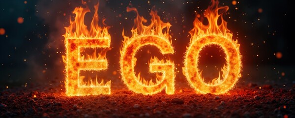 Burning letters form word EGO. Flames blaze intensely around letters. Hot embers, sparks fly. Background dark. Dramatic image evokes powerful concept of ego destruction personal growth. Fiery nature