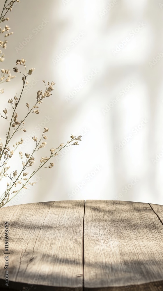 Aufkleber empty round wooden table illuminating by window light with dried flower decoration creates a cozy an