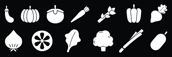 Set of Fruits and vegetables icon collection. Black Root vegetables, agriculture, organic food and harvest symbols. Vector Illustration.