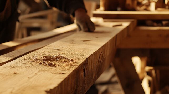 A detailed view of a carpenter crafting wooden beams in a timber frame workshop, Timber construction scene, Traditional craftsmanship style
